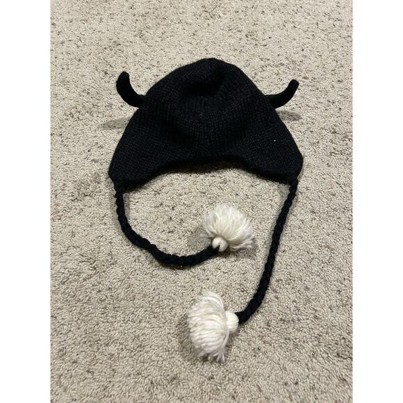 Youth Penguin Knit WOOL HAT from Nepal Fleece Lined EAR FLAPS Black Winter H25 - Picture 3 of 9